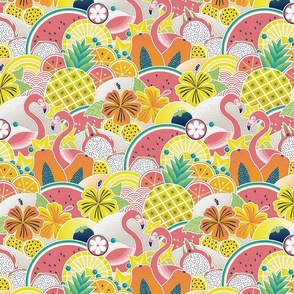 Totally Positively Optimistic Juicy Flamingos Small- Petal Cotton Coordinate- Tropical Fruit Home Decor- Summer Wallpaper- Pineapple- Watermelon- Papaya- Flamingo Fabric