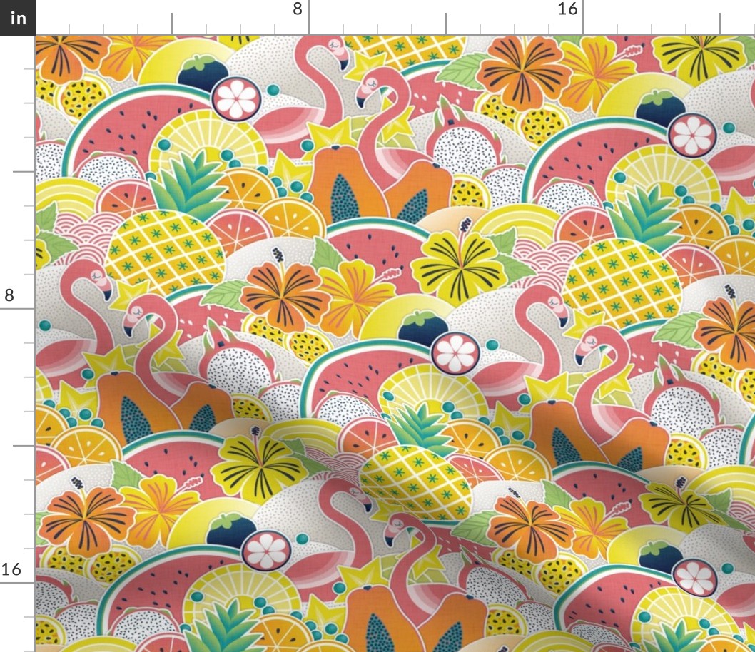 Totally Positively Optimistic Juicy Flamingos Small- Petal Cotton Coordinate- Tropical Fruit Home Decor- Summer Wallpaper- Pineapple- Watermelon- Papaya- Flamingo Fabric