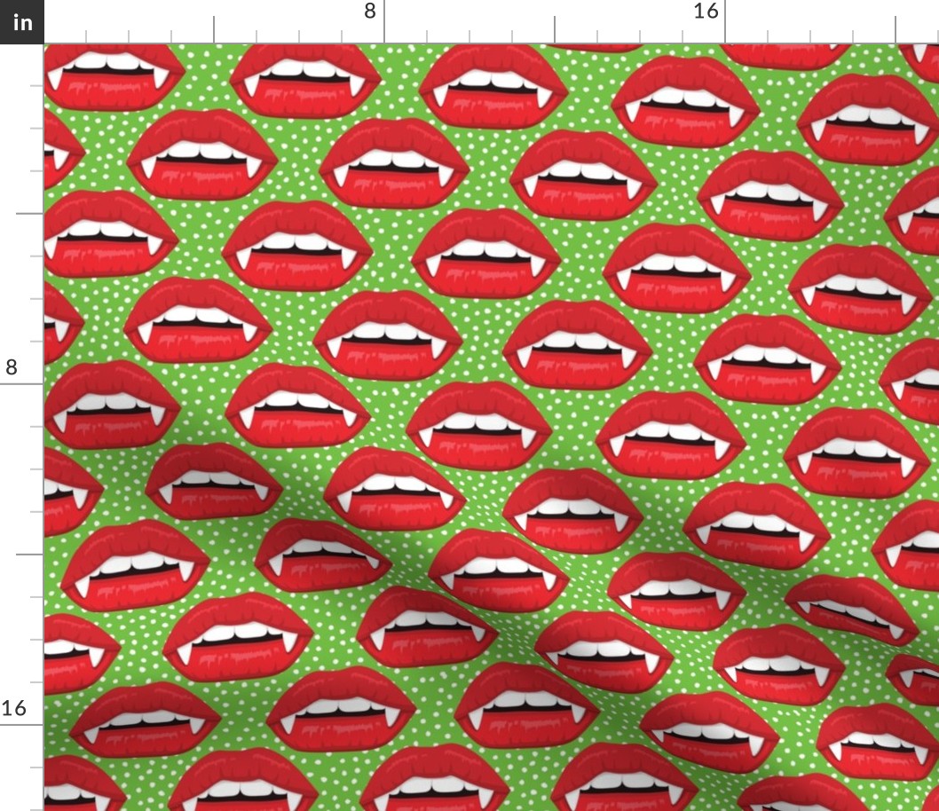 Vampire lips fabric WB22 green with white dots Halloween