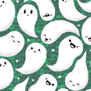 Cute kawaii ghosts Halloween fabric green WB22
