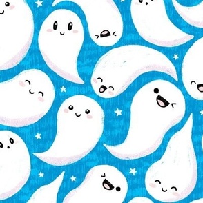 Cute kawaii ghosts Halloween fabric blue WB22