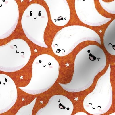Cute kawaii ghosts Halloween fabric orange brown WB22