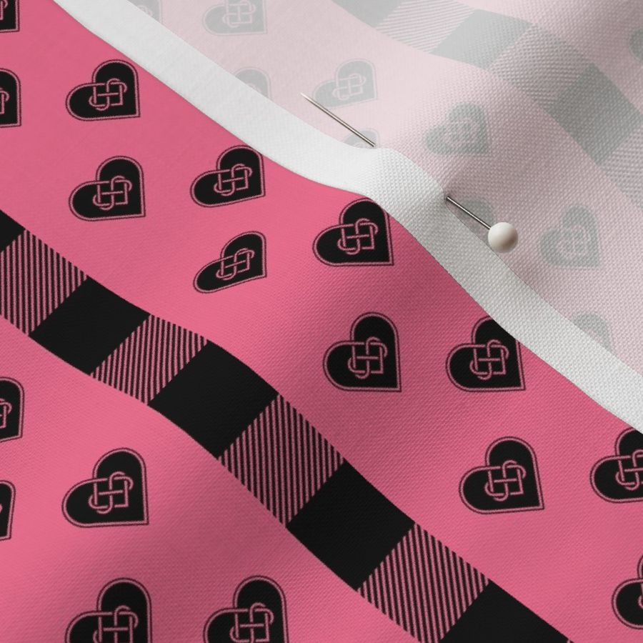 Hearts with Celtic Love Knot and buffalo check stripes - Black on Pink