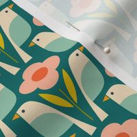 Birds In The Daisies - Teal and Pink - Small