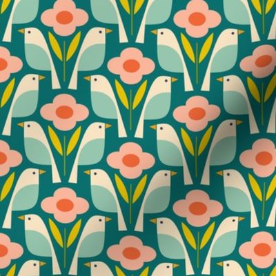 Birds In The Daisies - Teal and Pink - Small