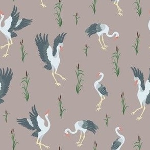 Japanese Cranes with Green Floral on Light Brown / Tan