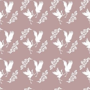 White Japanese Cranes with Flowers on Blush Pink