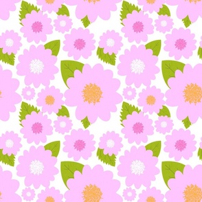 Modern Pink Summer Flowers On White Repeat Pattern