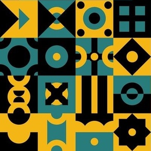 Simple Geometrical Pattern with Dots on Blue and Yellow / Medium Scale