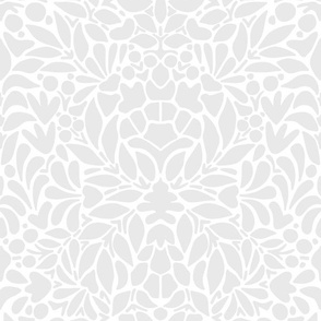 Large Mosaic Folksy Floral Damask Neutral Gray White 12in