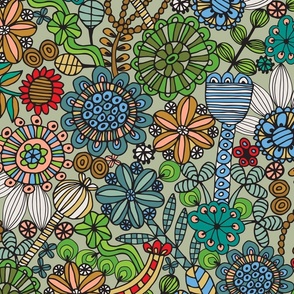 Coloring Book Exotic Doodle Flowers Line Drawing in Retro 70s Colors - MEDIUM Scale - UnBlink Studio by Jackie Tahara