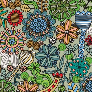 Coloring Book Exotic Doodle Flowers Line Drawing in Retro 70s Colors - LARGE Scale - UnBlink Studio by Jackie Tahara