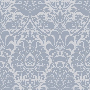 damask with lions, cloudy blue