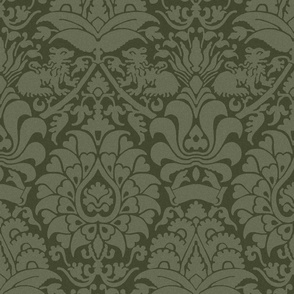 damask with lions, dark olive green
