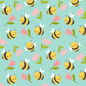 Cute Happy Bees and Flowers on Blue Large Scale