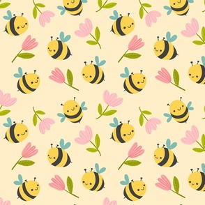 Cute Happy Bees and Flowers on Yellow Large Scale