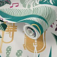 Large jumbo scale // Music to my eyes // beige background gold textured musical instruments green indoor plants pink music notes