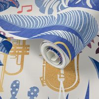 Large jumbo scale // Music to my eyes // beige blue background gold textured musical instruments blue indoor plants coral music notes