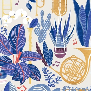 Large jumbo scale // Music to my eyes // beige blue background gold textured musical instruments blue indoor plants coral music notes