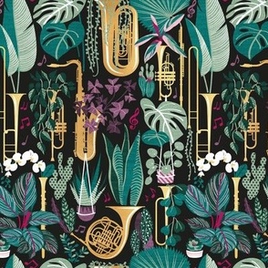 Small scale // Music to my eyes // black background gold textured musical instruments green indoor plants pink music notes