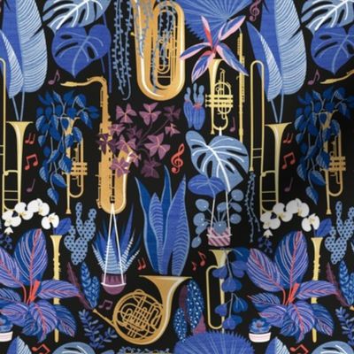 Small scale // Music to my eyes // black background gold textured musical instruments blue indoor plants coral music notes