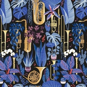 Small scale // Music to my eyes // black background gold textured musical instruments blue indoor plants coral music notes