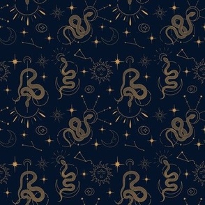 dark seamless pattern with astrological signs and snakes