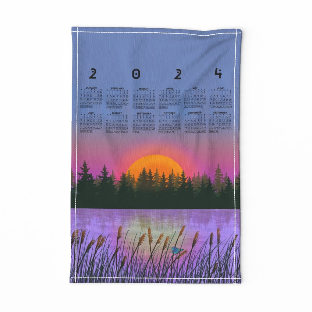 2024 Calendar Sunset Over The Lake Tea Towel Wall Hanging