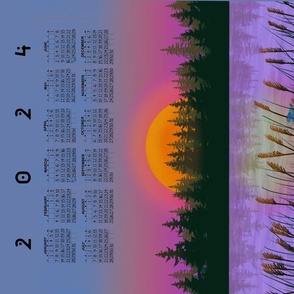 2024 Calendar Sunset Over The Lake Tea Towel Wall Hanging