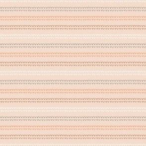 Horizontal Stripes made of small check marks in coral, white and brown on light peach background 
