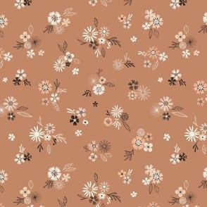 Small | White and cream hand drawn flowers on caramel brown