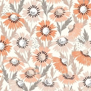 Large | Warm colorful floral design with orange peach and coral pink wildflowers 