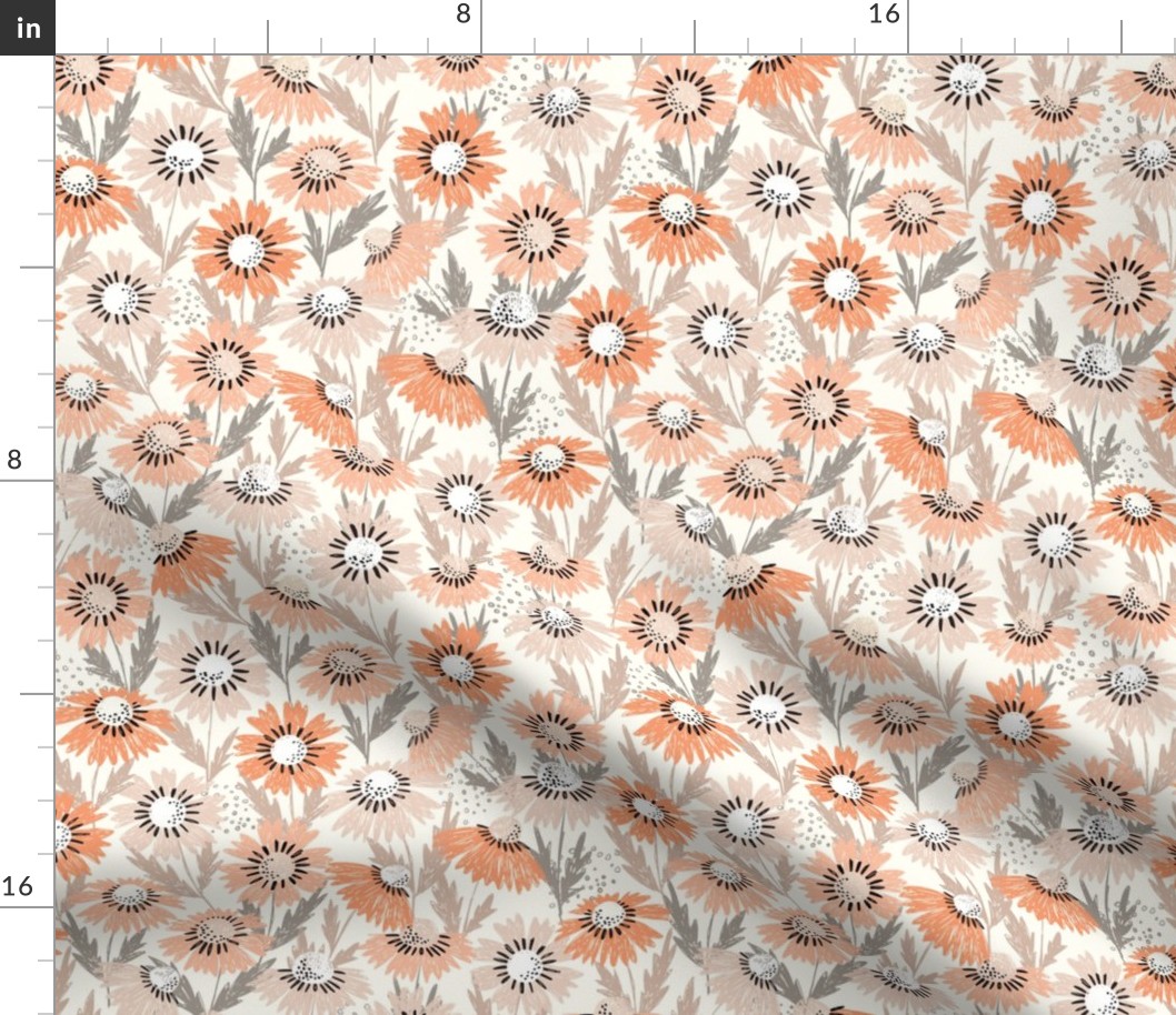 Large | Warm colorful floral design with orange peach and coral pink wildflowers 