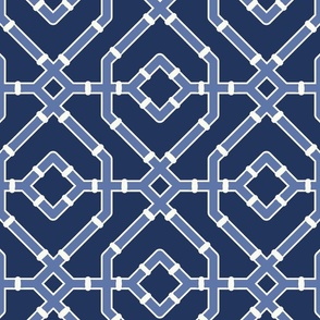 Chinoiserie bamboo trellis - pastel comforts coordinate - sky blue and soft white on navy blue - large