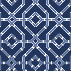 Chinoiserie bamboo trellis - pastel comforts coordinate - mid-tone blue and soft white on navy blue - large