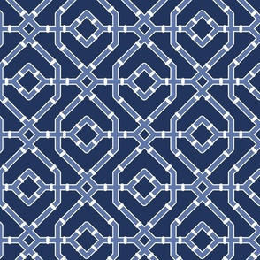 Chinoiserie bamboo trellis - pastel comforts coordinate - mid-tone blue and soft white on navy blue - medium