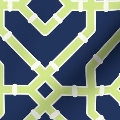 Chinoiserie bamboo trellis - pastel comforts coordinate - honeydew and soft white on navy blue - large