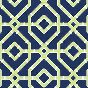 Chinoiserie bamboo trellis - pastel comforts coordinate - honeydew and soft white on navy blue - large