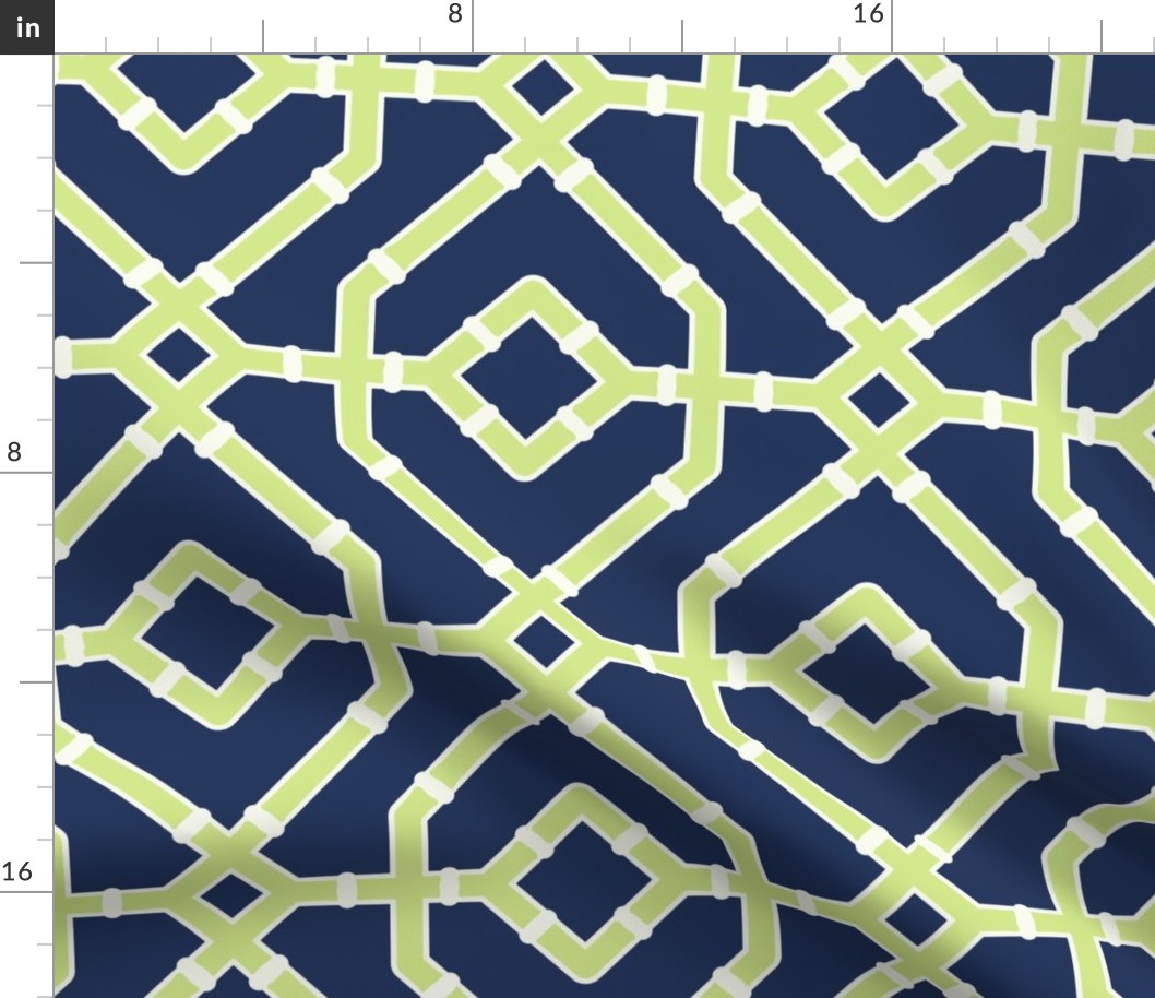 Chinoiserie bamboo trellis - pastel comforts coordinate - honeydew and soft white on navy blue - large