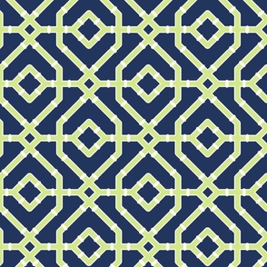 Chinoiserie bamboo trellis - pastel comforts coordinate - honeydew and soft white on navy blue - medium