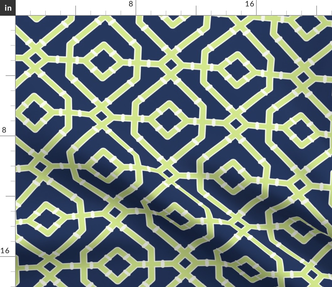 Chinoiserie bamboo trellis - pastel comforts coordinate - honeydew and soft white on navy blue - medium