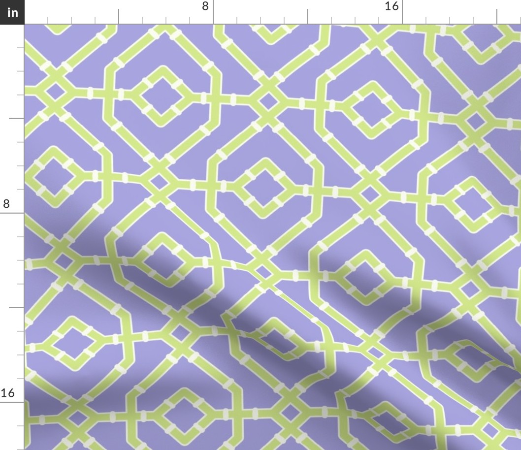 Chinoiserie bamboo trellis - pastel comforts coordinate - honeydew and soft white on lilac/purple - medium