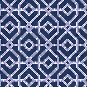 Chinoiserie bamboo trellis - pastel comforts coordinate -  lilac and soft white on navy blue - medium