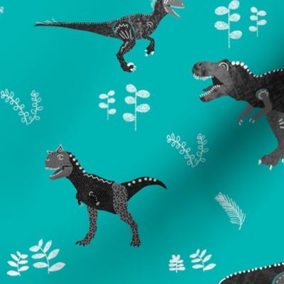 Textured Carnivore Dinosaurs on Bright Turquoise by Brittanylane