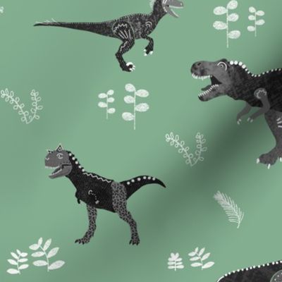 Textured Carnivore Dinosaurs on Sage Green by Brittanylane