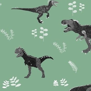 Textured Carnivore Dinosaurs on Sage Green by Brittanylane