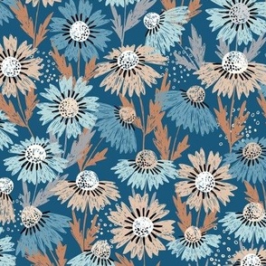 blue and aqua wildflowers on navy blue 