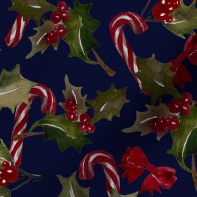 Vintage Christmas Holly with berrys and candy cans - Dark Blue  Background