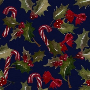 Vintage Christmas Holly with berrys and candy cans - Dark Blue  Background