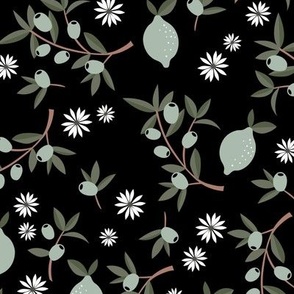 Italian summer green olives and citrus garden leaves and daisy flowers sage green on black night
